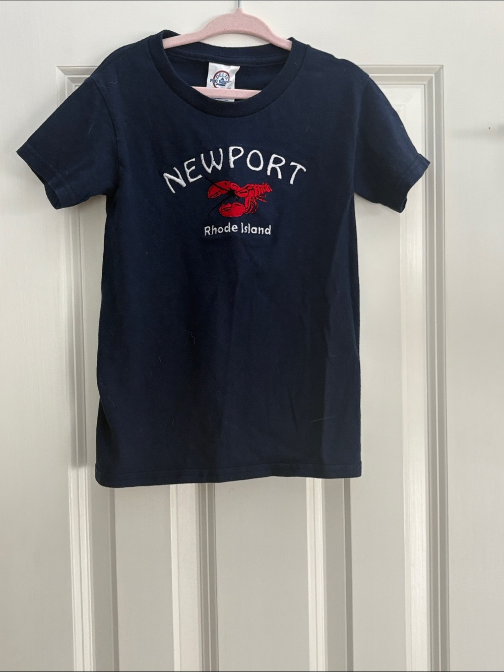 newport Navy Kids T-Shirt with Red Lobster Embroidery